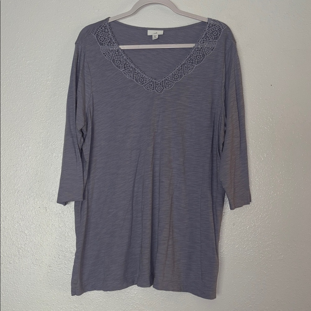 J.Jill Lace Trim V-Neck 3/4 Sleeve Top Light Purple Relaxed Fit Size 1X